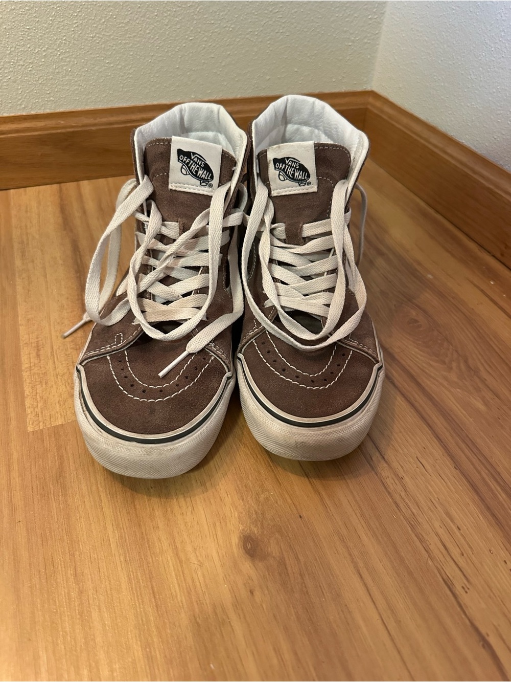 Vans Women’s Brown and White High-Top Skate Sneakers
